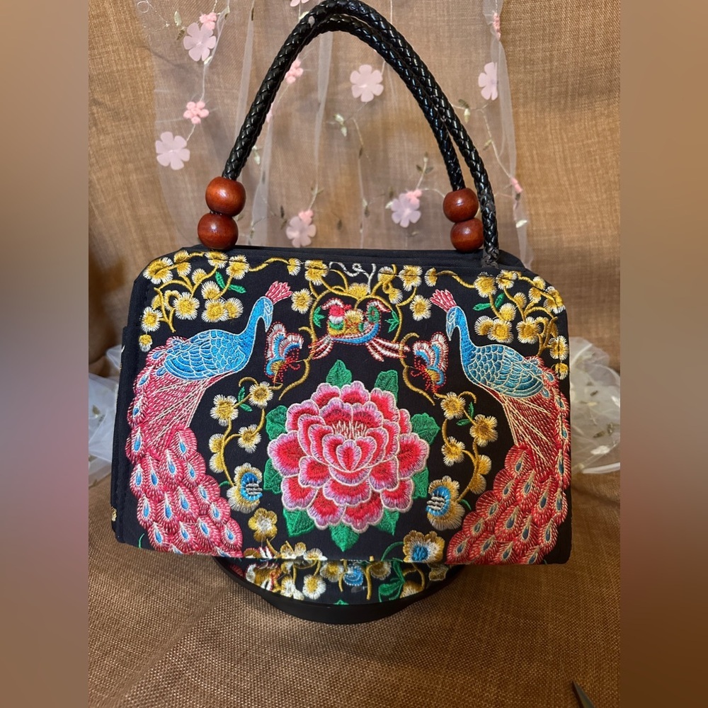 Peacock Vintage Handbag with Floral Accents